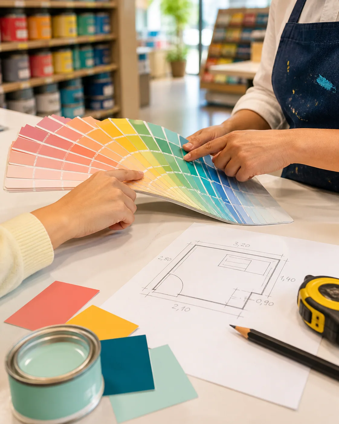 Mãos comparando leques de cores e medidas de um ambiente em uma loja de tintas