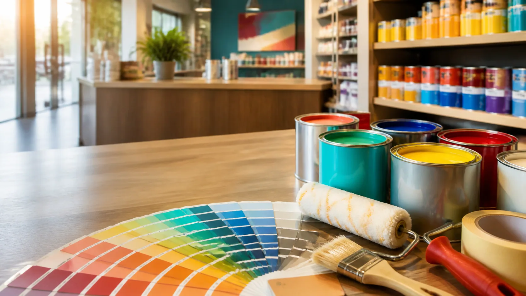 Lata de tinta vermelha, rolo e leque de cores sobre uma bancada