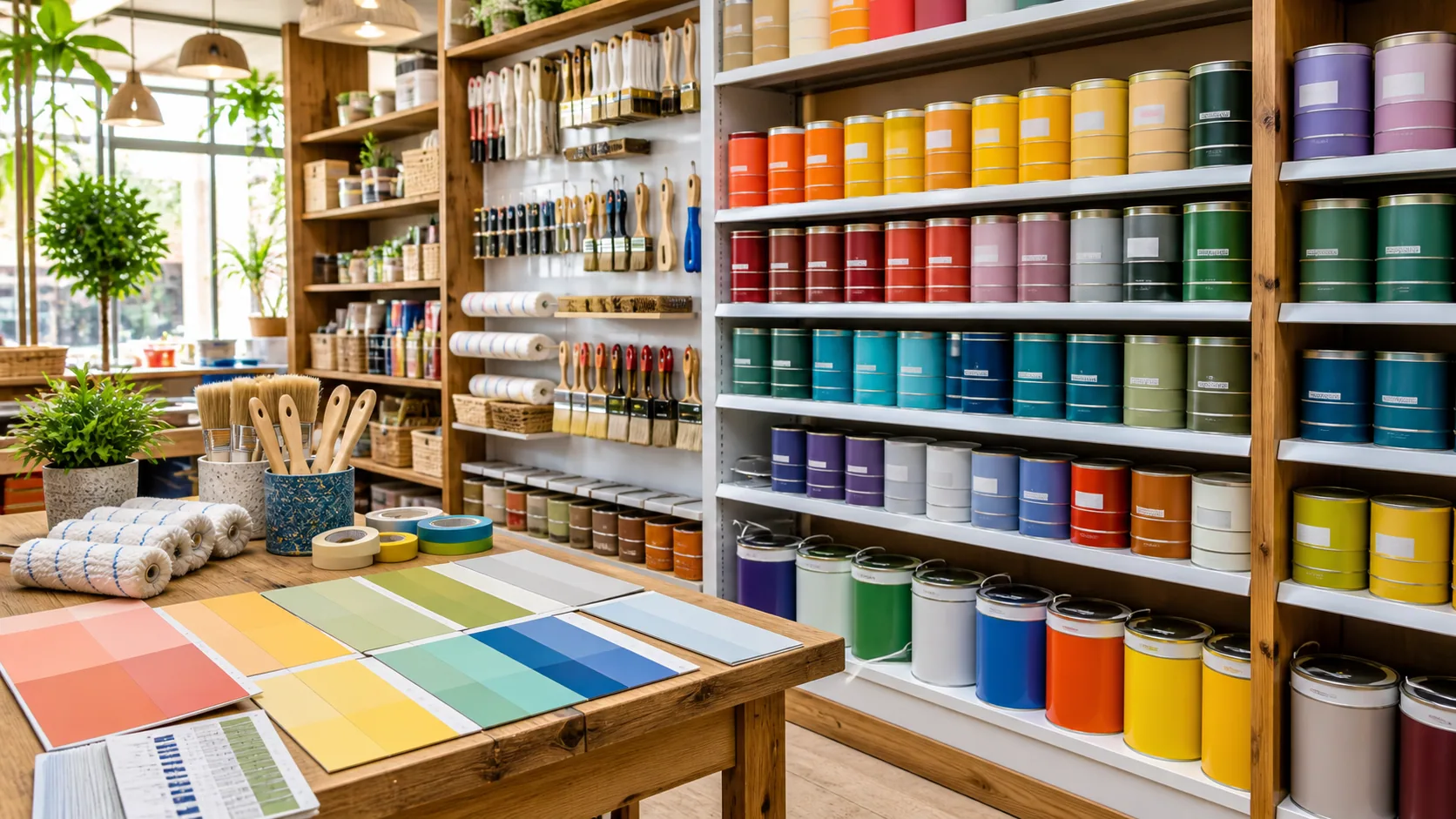 Prateleiras de uma loja de tintas com latas, rolos e amostras de cor